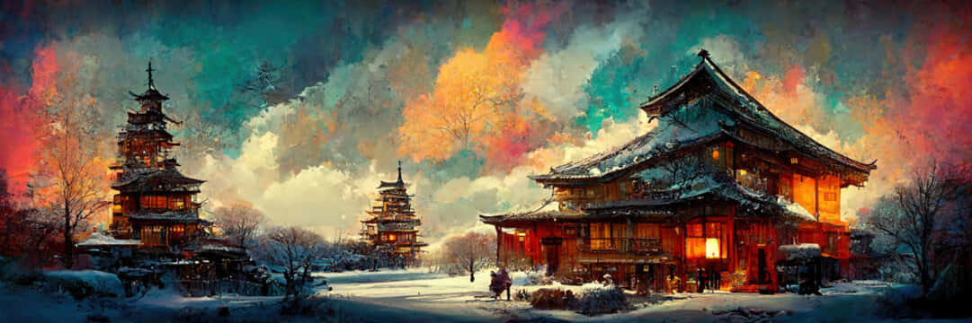 傳統日式老屋 壁紙 — 白雪覆蓋著古老的日本寺廟和木建築，在充滿活力、如畫般的暮色天空下。