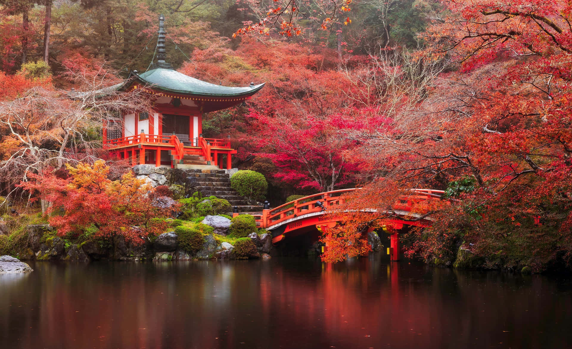傳統日式茶室 壁紙 — 一座傳統日本寺廟和紅色拱橋倒映在平靜的水面上，周圍環繞著鮮豔的秋葉。