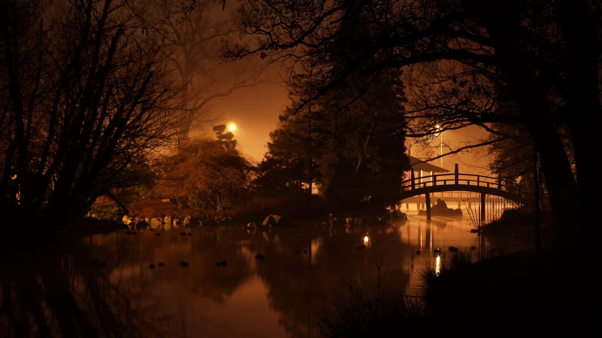 夜晚霧氣籠罩的池塘上的一座木橋，溫暖的燈光倒映在水面上。