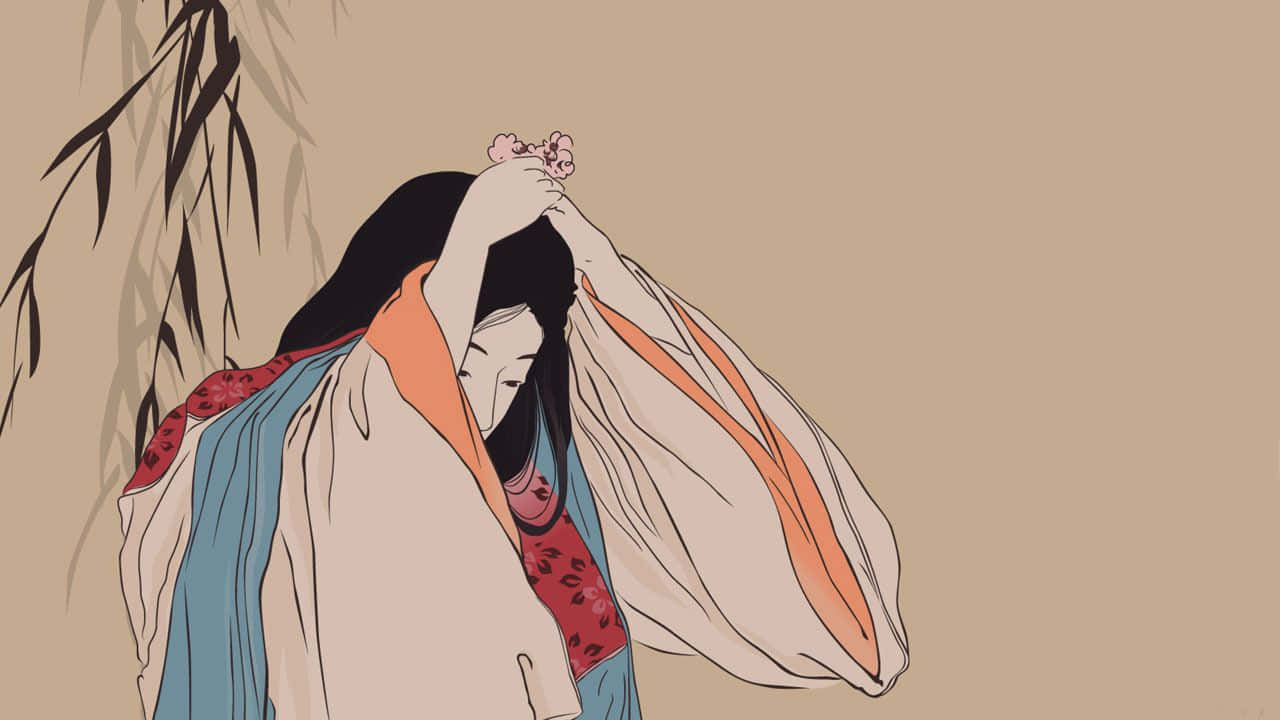 動漫女子身穿傳統長袍，在柳枝下手持櫻花。