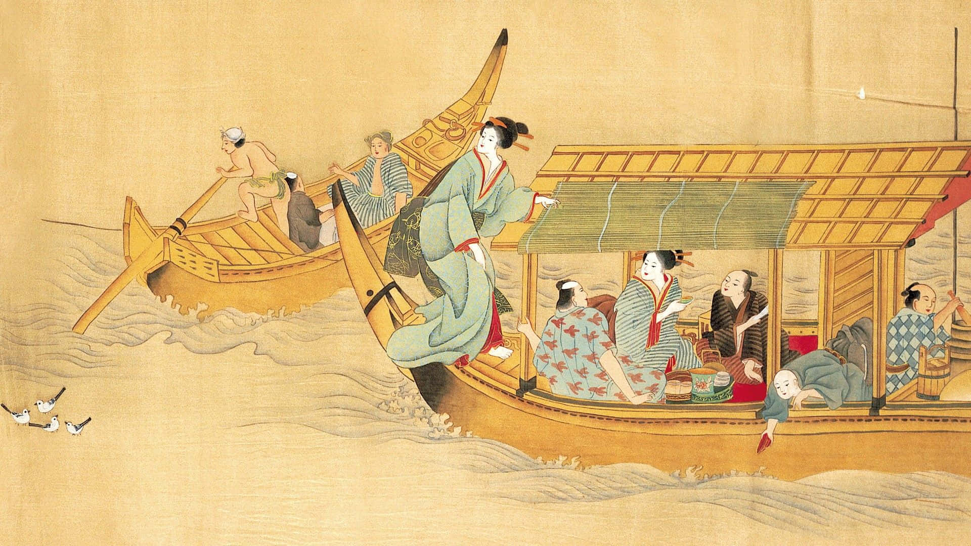 Painting 桌布 壁紙 — 傳統日本木版畫，描繪人們乘坐華麗船隻在漣漪水面上，附近有鳥兒飛翔。