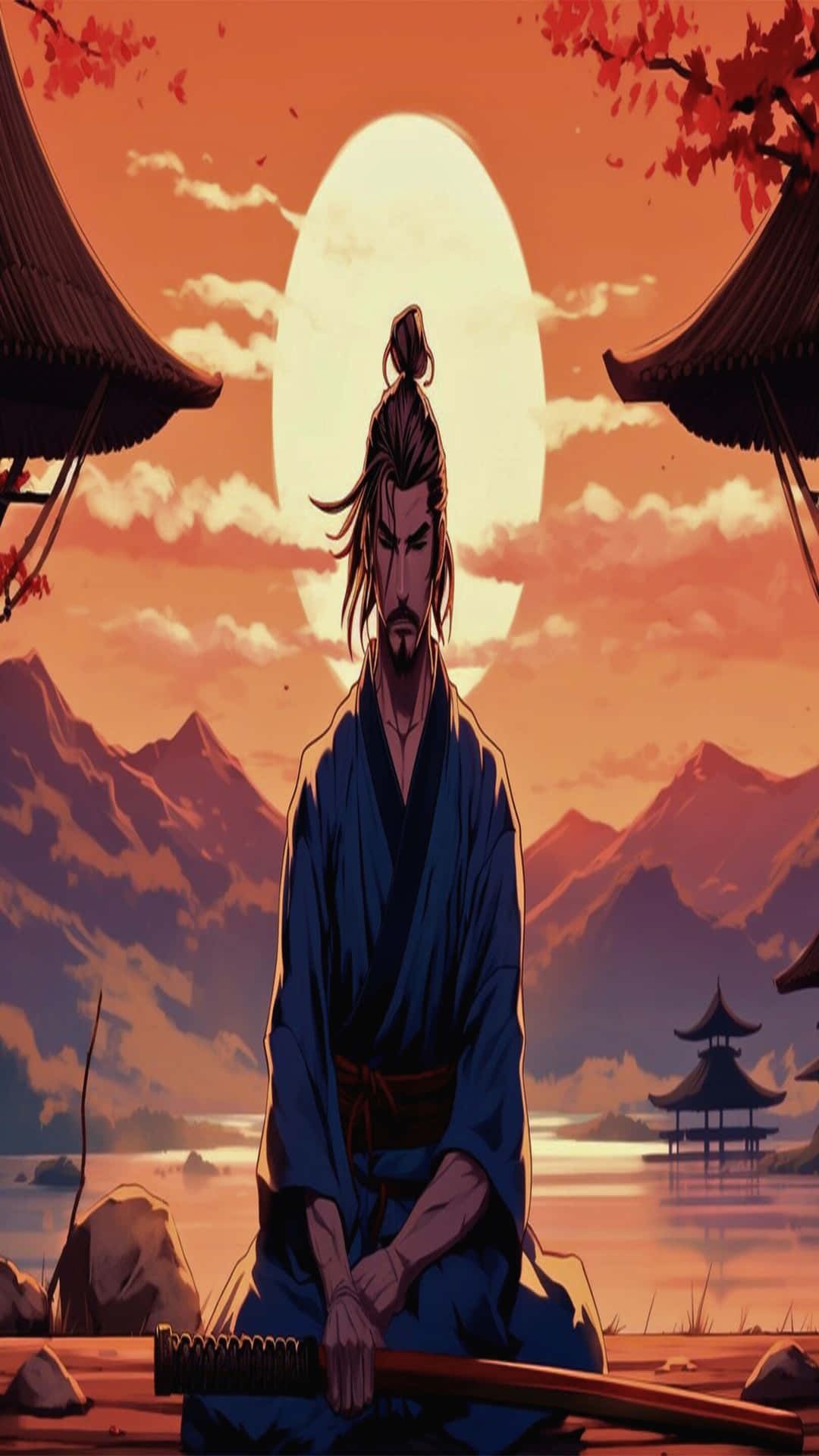 藍袍武士在日落時分跪著持刀，靠近山脈和亭閣。