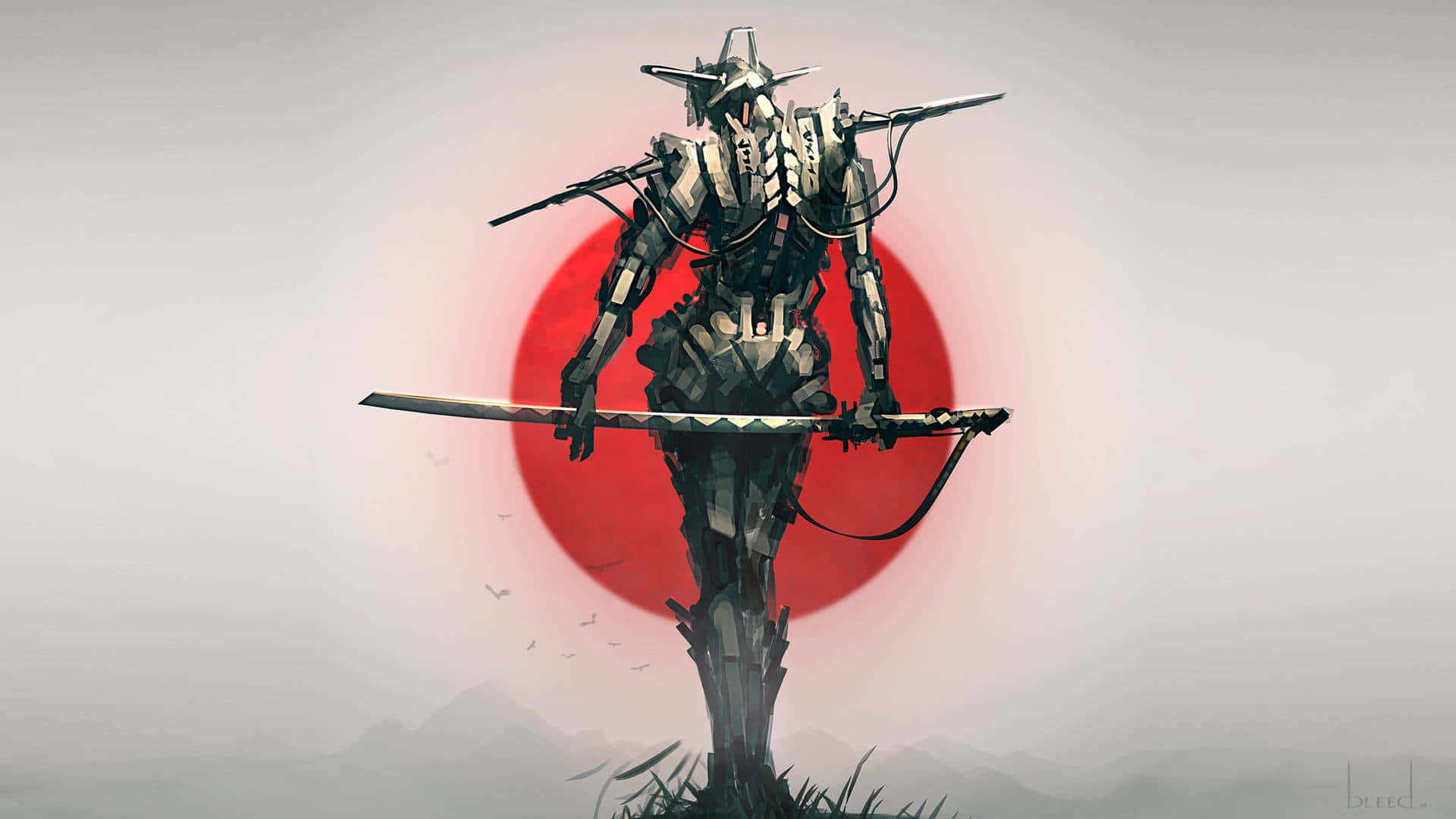 網絡武士戰士在紅色太陽背景下持劍。