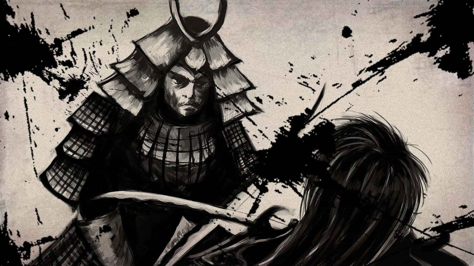 身穿盔甲的武士戰士在風格化的墨水戰鬥場景中與對手對峙。