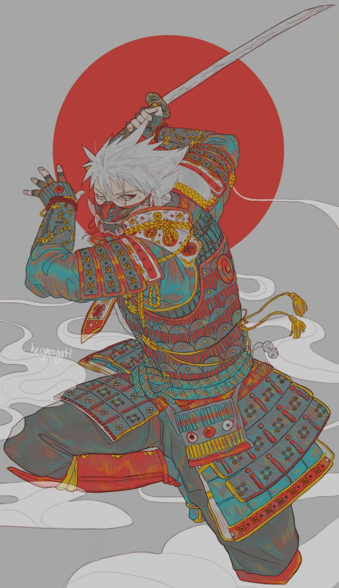 動漫武士戰士穿著彩色盔甲，在紅色太陽下揮舞劍。