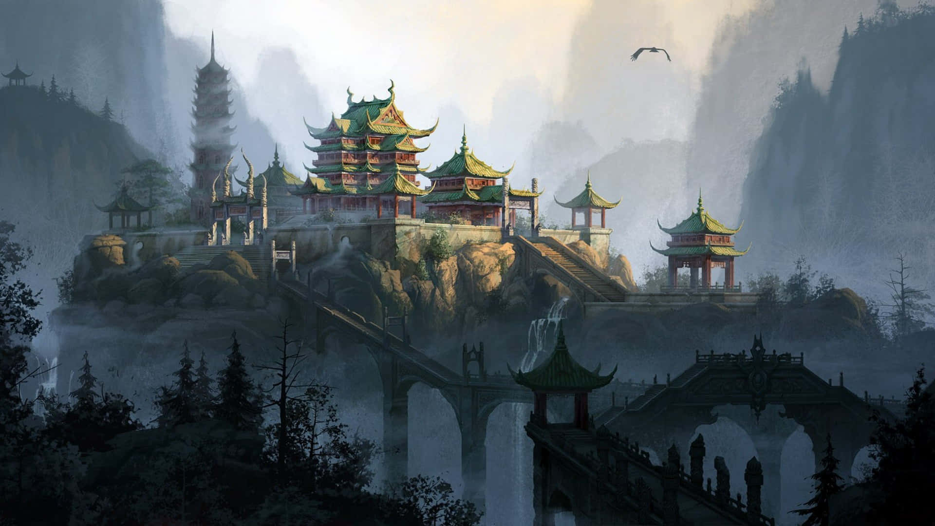 傳統日本武士裝束 壁紙 — 古老的中國寺廟建築群坐落在雲霧繚繞的山崖上，綠色屋頂和石橋橫跨瀑布。