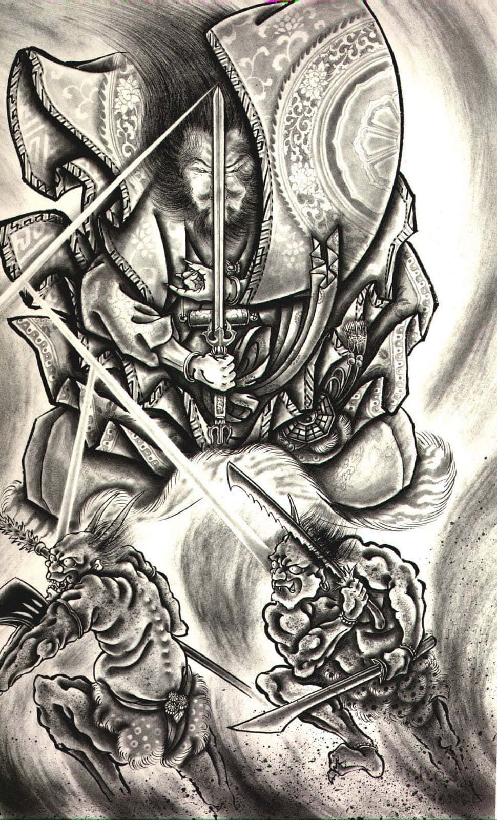 傳統日本紋身 壁紙 — 一幅動態黑白插圖，描繪一位身穿華麗盔甲的武士戰士，用劍與兩個惡魔般的人物戰鬥。