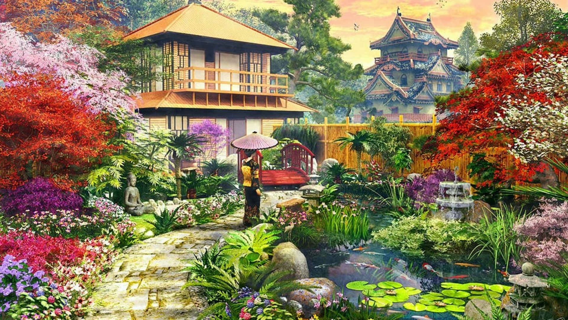 一個人撐著傘走過一個色彩繽紛的日本花園，內有錦鯉池和傳統建築。