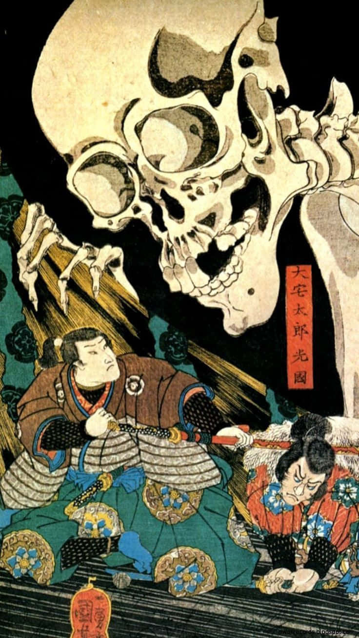 兩個武士在傳統日本木版畫中面對一個巨大的頭骨。