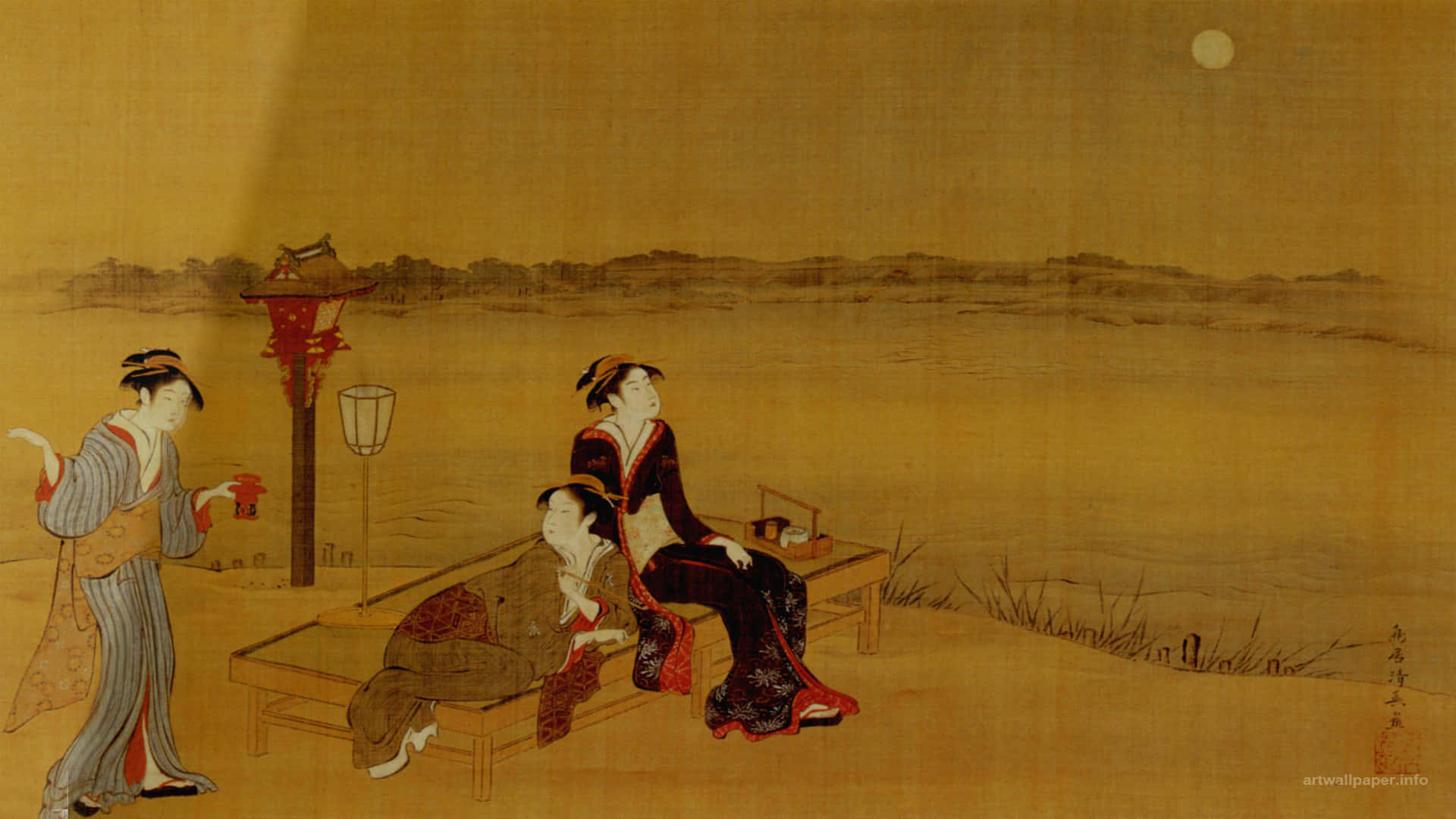 三位穿著傳統和服的藝妓在滿月下的河邊