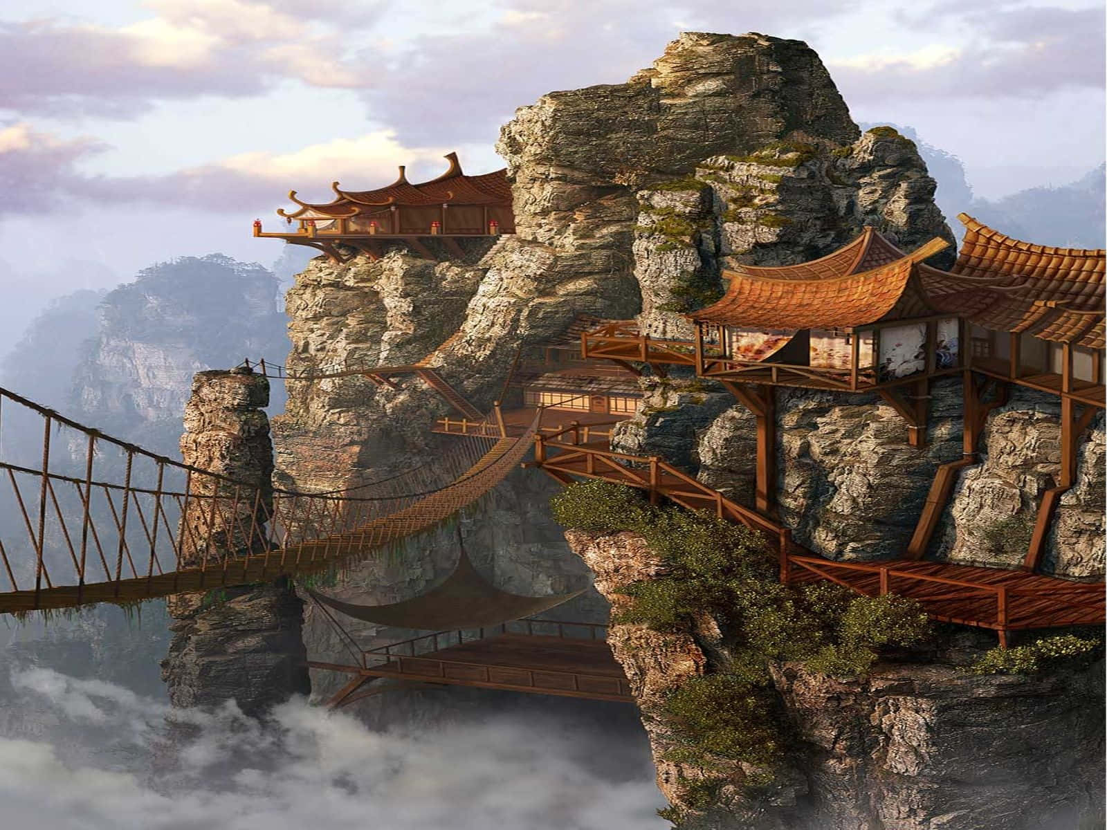最佳 Minecraft 桌布 壁紙 — 傳統木造寺廟和橋樑依附在霧氣繚繞的懸崖頂峰，在柔和的暮色天空下。