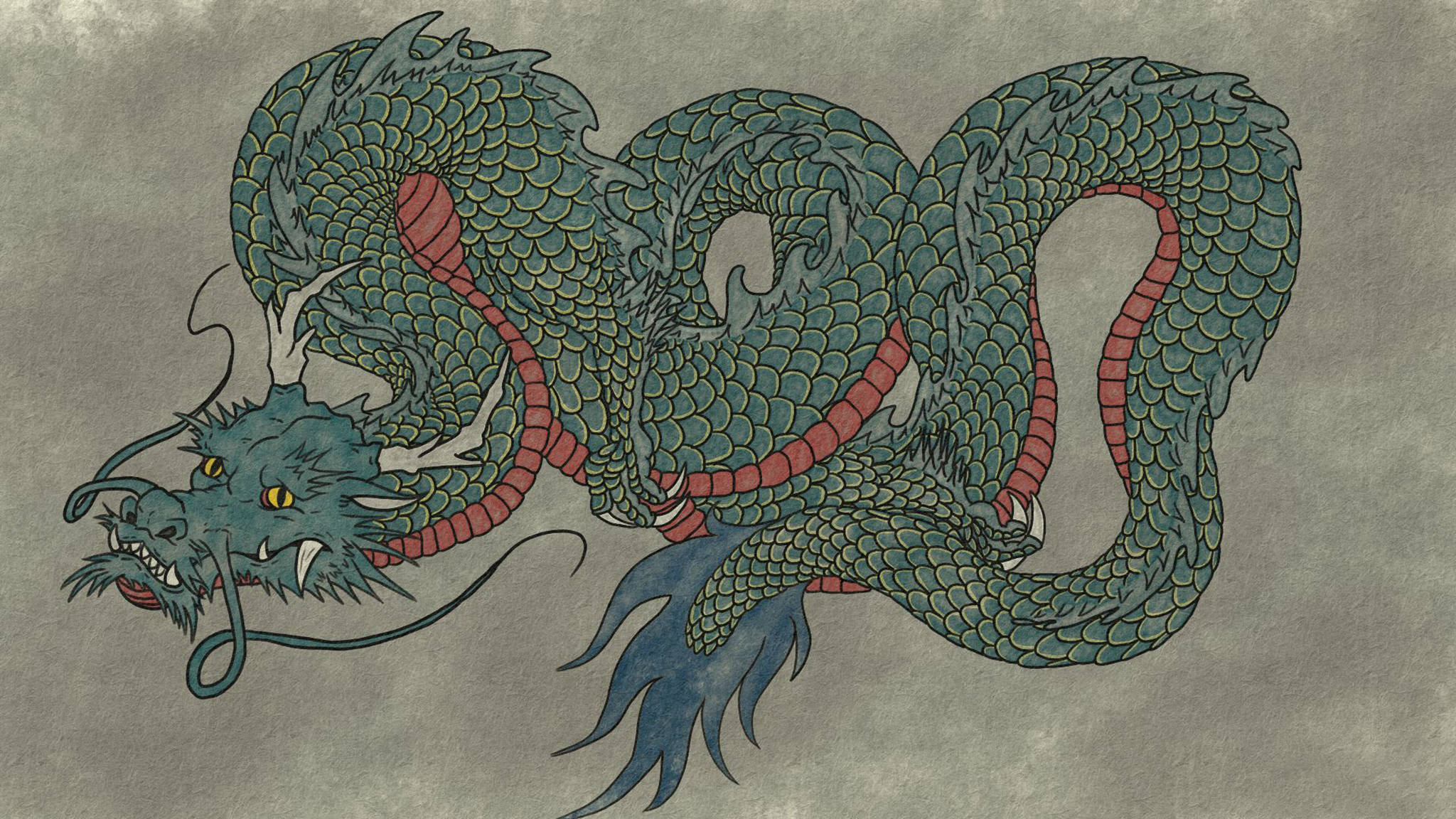 傳統東方龍 壁紙 — 一條細節豐富的綠色龍，紅色腹部，在紋理灰色背景上動態盤繞。