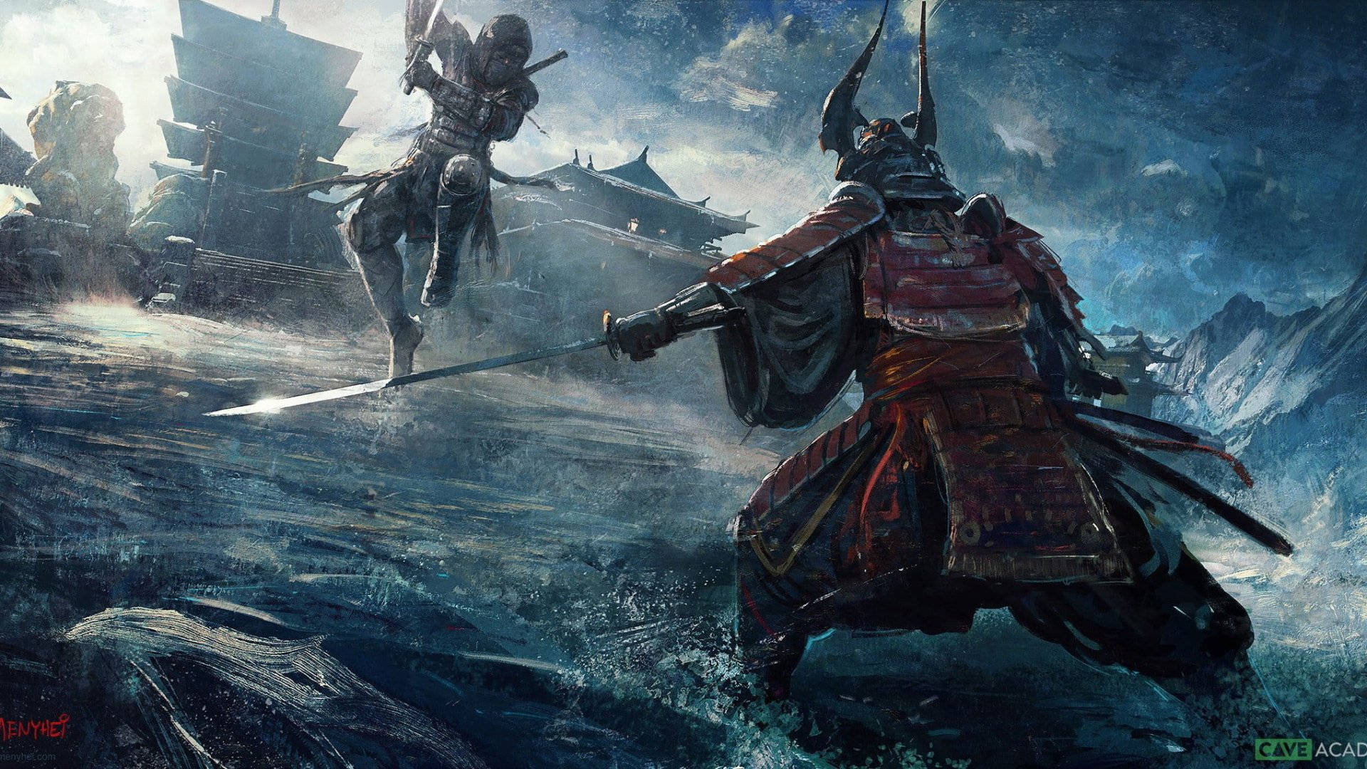 武士戰士在古老日本建築附近的暴風雨中戰鬥。