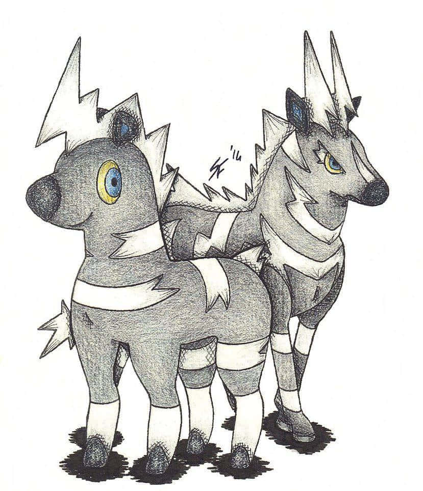 傳統粉絲藝術：Blitzle 與 Zebstrika 壁紙 — 兩隻以閃電為主題的風格化犬類生物，帶有銳利的白色斑紋和藍色眼睛，並排站在純色背景前。