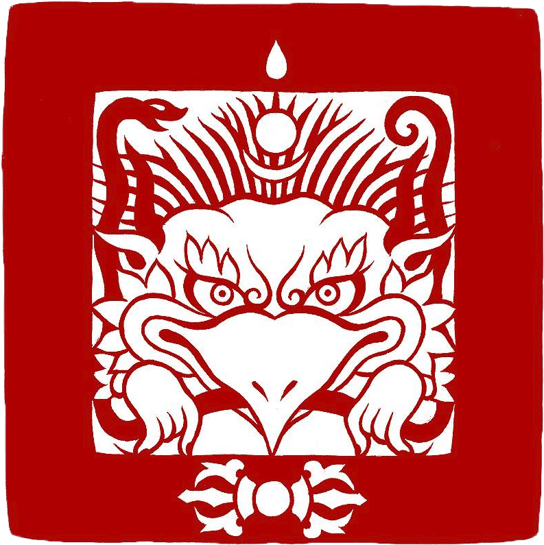 傳統紅白迦樓羅藝術圖 壁紙 — 大膽的紅白剪紙風格龍，帶有兇猛的眼睛和華麗圖案，背景為純紅色。