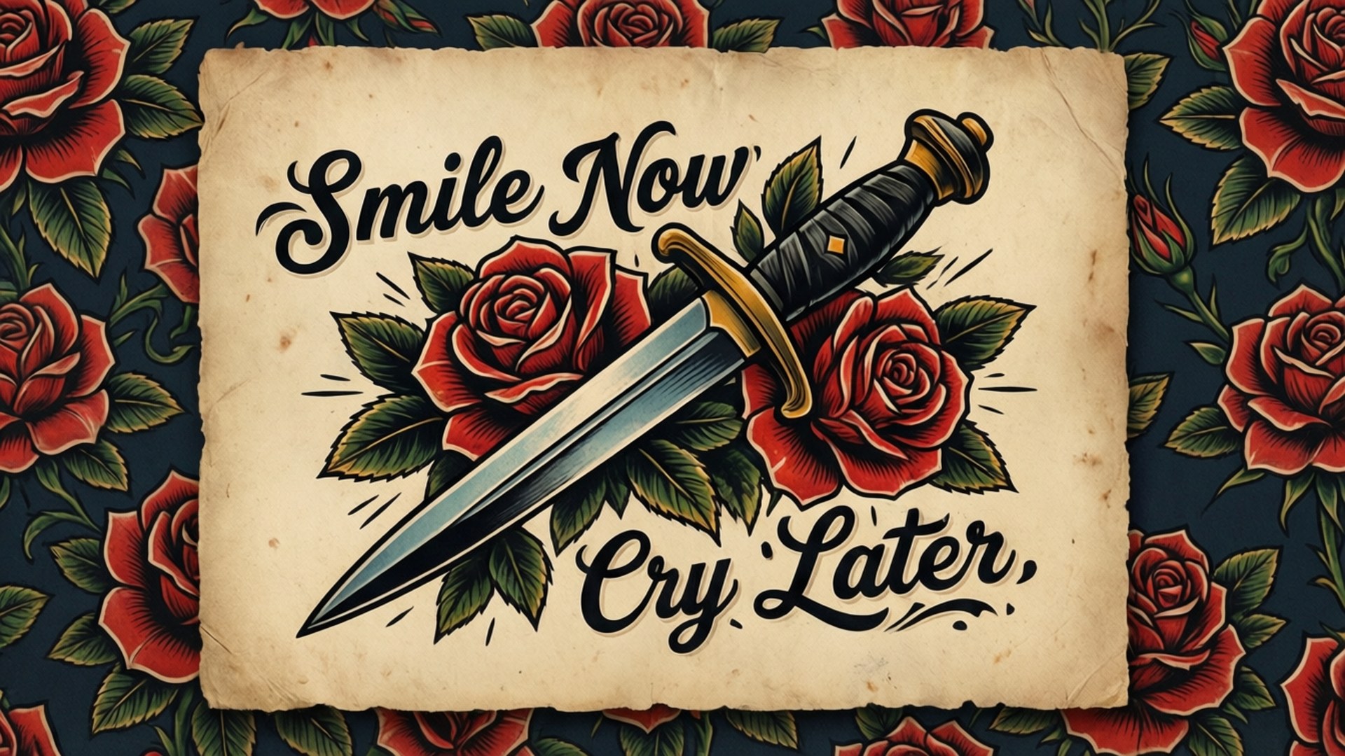 紋身藝術，展示匕首和玫瑰，並在舊紙上寫有「Smile Now Cry Later」的文字。