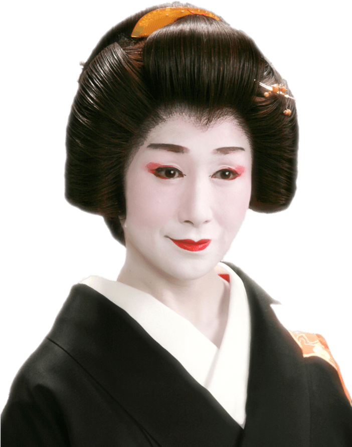 傳統藝妓肖像 壁紙 — 一位擁有完美白色妝容和鮮豔紅唇的藝妓，穿著傳統黑色和服，白色衣領，溫柔地凝視著。