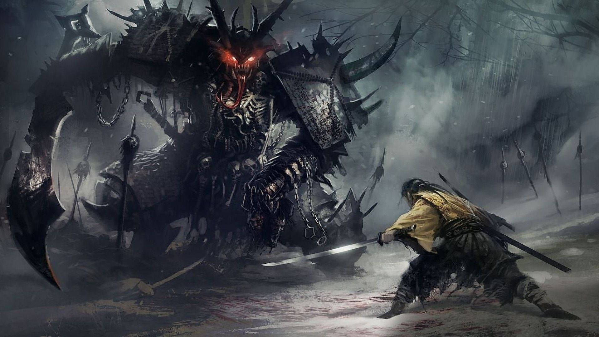 戰士在黑暗風暴戰場上與巨大惡魔怪物戰鬥，地上有血。