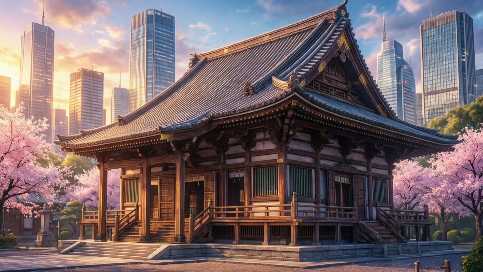 傳統日本寺廟被櫻花環繞，背景是夕陽下的現代城市天際線。