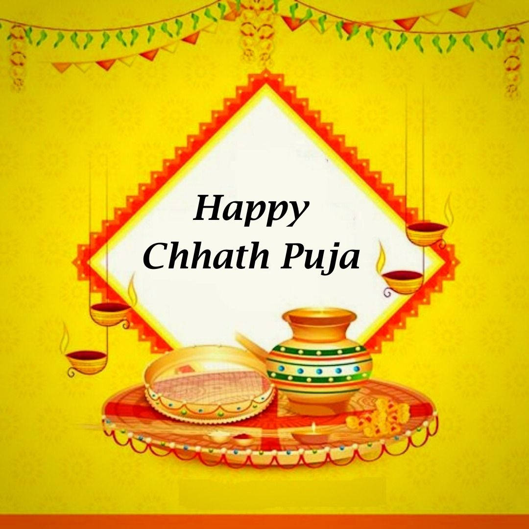 快樂的Chhath Puja問候，托盤上有懸掛的油燈和儀式物品。