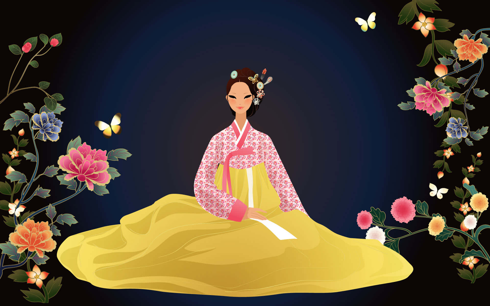 一位穿著傳統韓國服飾的女子，被花朵和蝴蝶環繞。