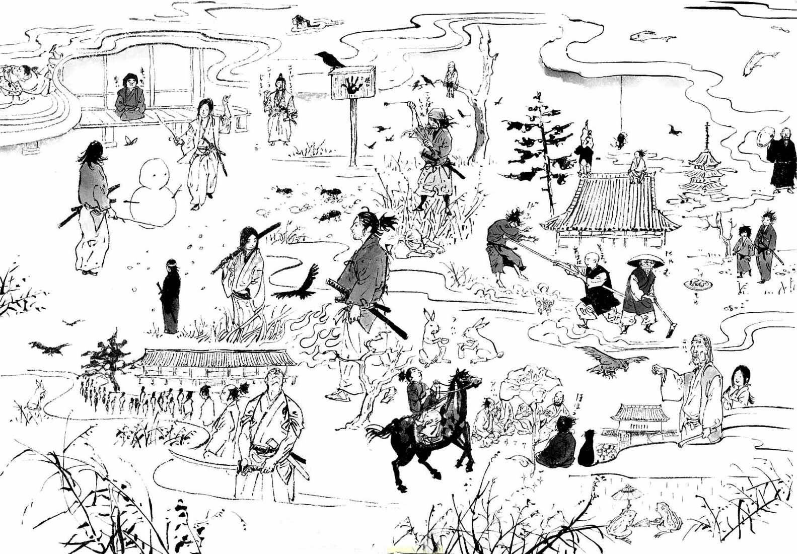 穿著傳統日本服裝的武士和平民在熱鬧的歷史場景中呈現。