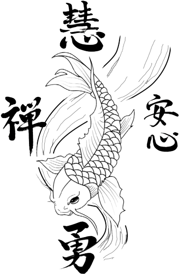 傳統鯉魚藝術 壁紙 — 一條黑白線條藝術的錦鯉向上游動，周圍環繞著流動的水和漢字。