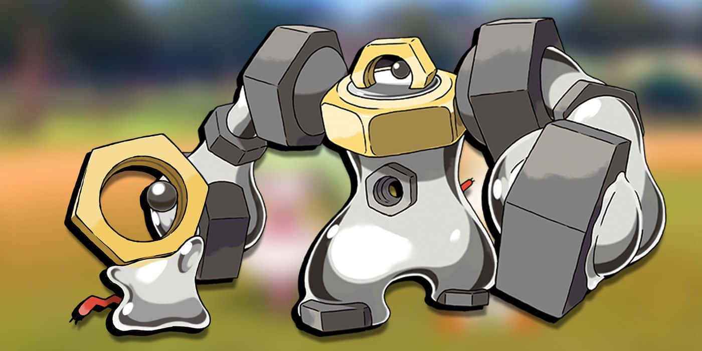 傳說 Meltan 與強大進化型態 Melmetal 壁紙 — 一個卡通風格的金屬寶可夢，擁有六邊形眼睛和啞鈴手臂，站在模糊的草地背景前。