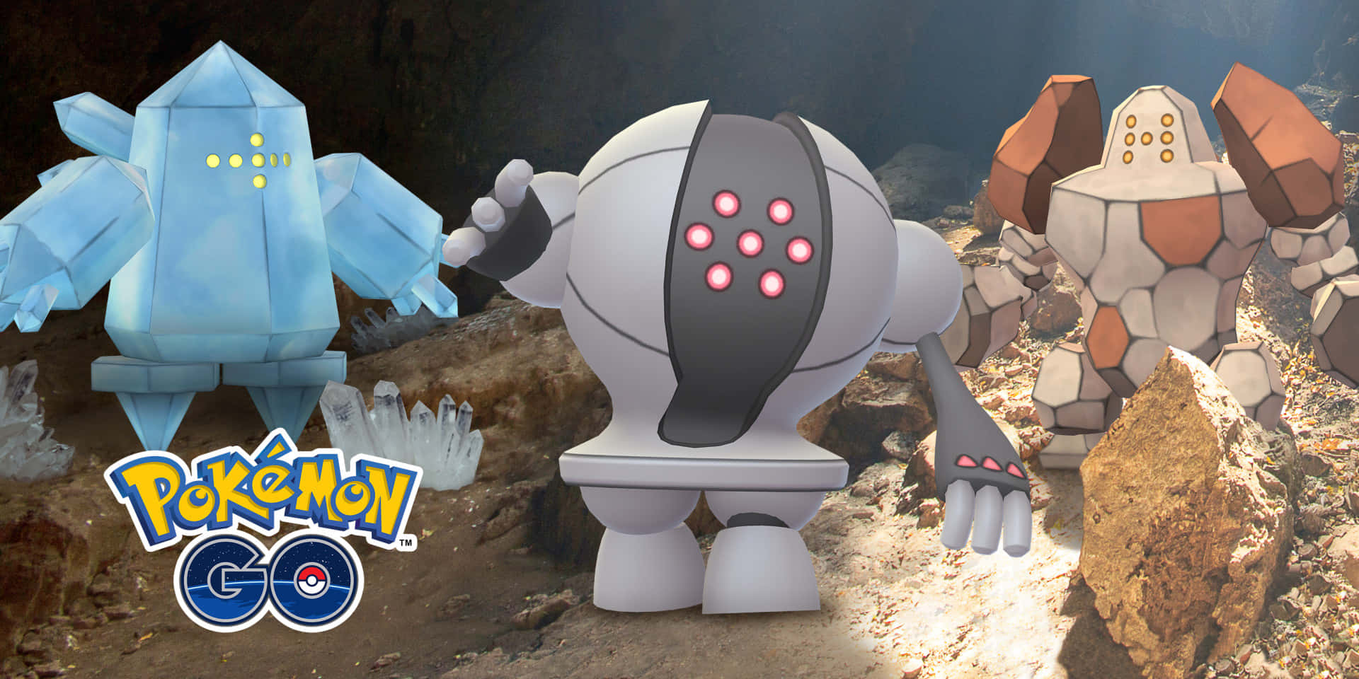 來自 Pokémon GO 的岩石洞穴環境中的三隻寶可夢角色。