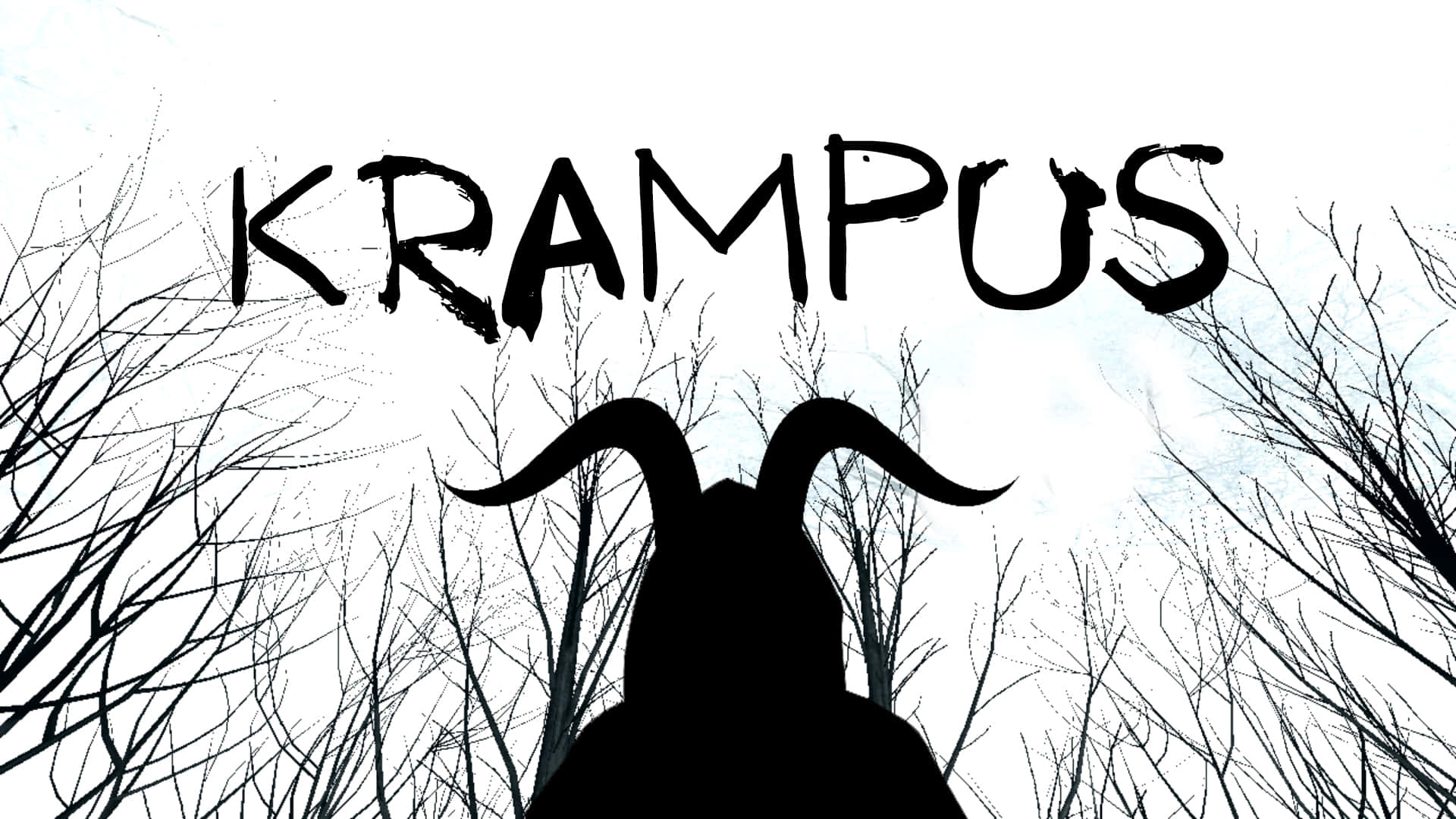 Krampus 剪影，帶有角，位於光禿的冬季樹木之間，背景為雪景。
