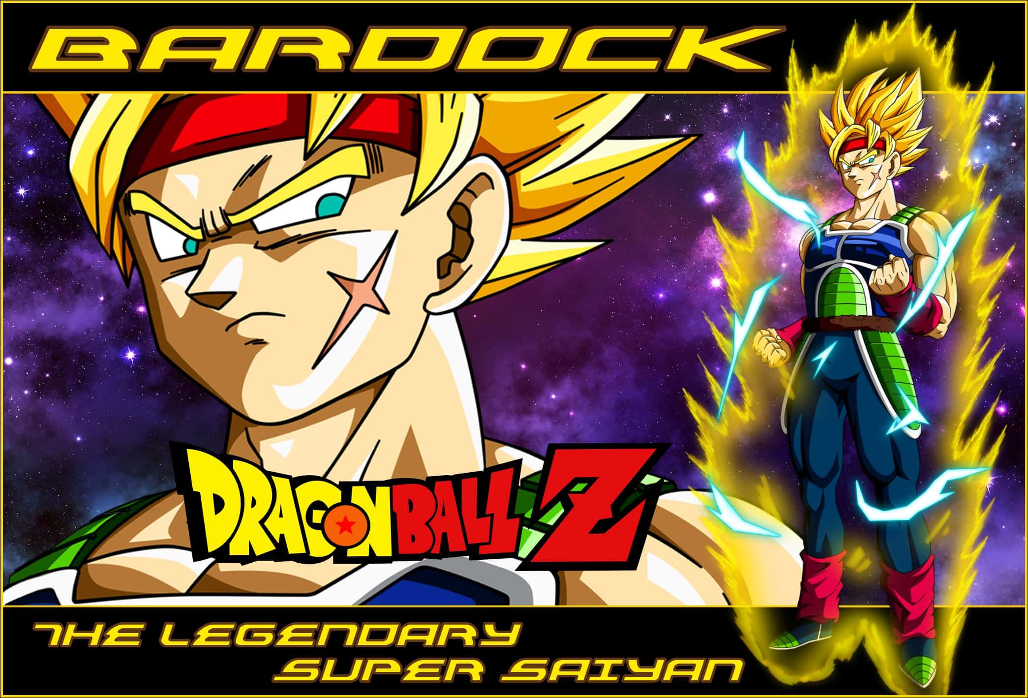 Bardock 桌布 壁紙 — 傳說中的超級撒亞人巴達克，帶著發光的氣場和閃電拳頭，在星空的紫色虛空中展現宇宙般的榮耀。