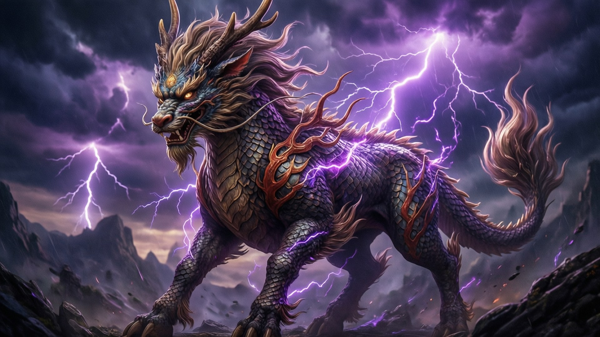 一隻強大的神話龍，眼睛發光，閃電在其身體周圍噼啪作響，處於風暴山脈景觀中。