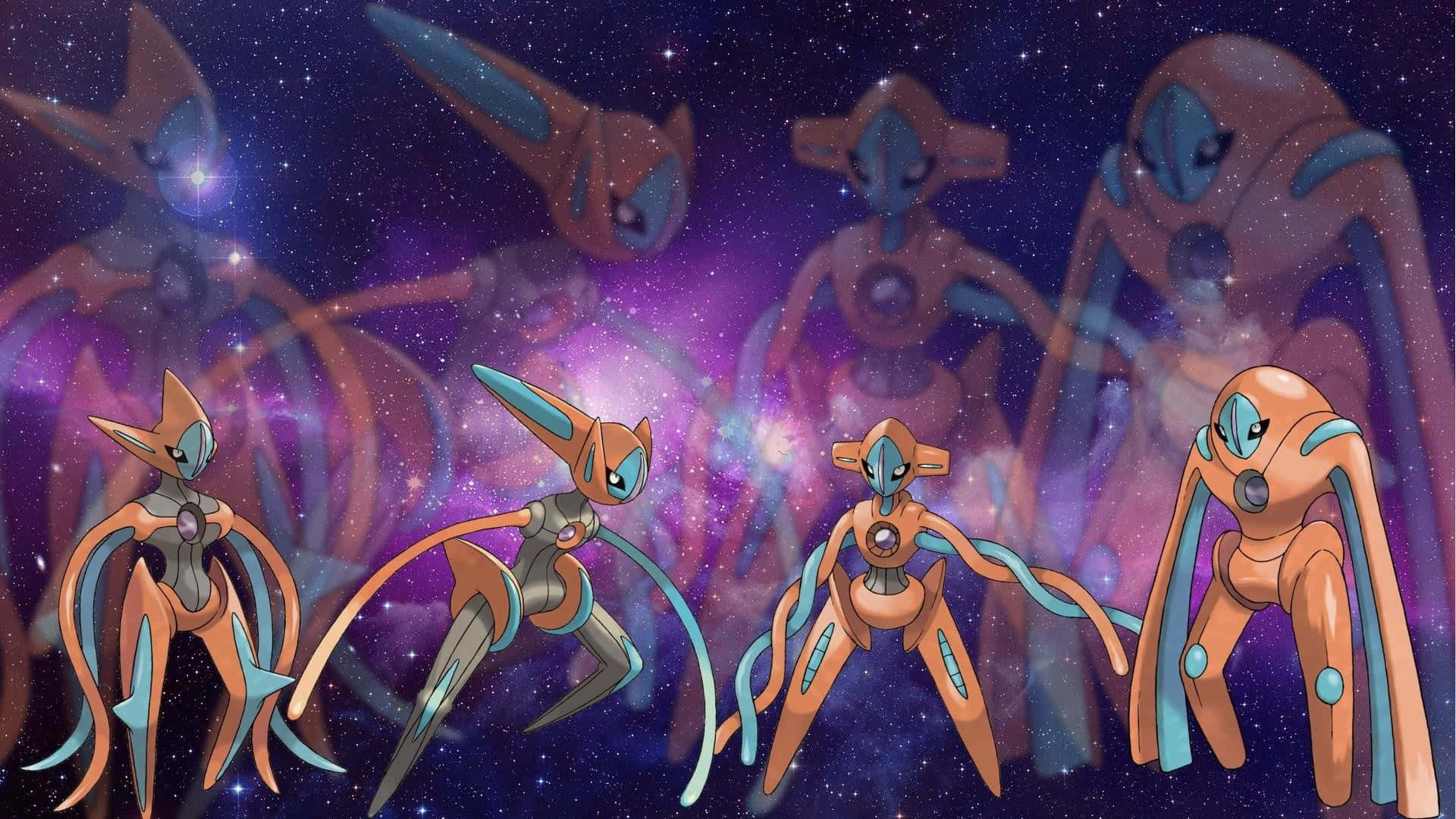 五隻動漫風格的寶可夢在太空中，眼睛發光，四肢流暢，背景是繁星點點的星雲。