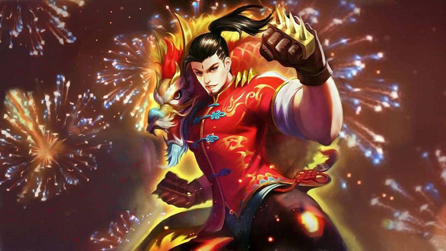 傳說對決 龍男孩 壁紙 — 一位身穿紅色傳統服飾的兇猛戰士，伴隨著神話鳥類，站在爆炸的煙火之中。