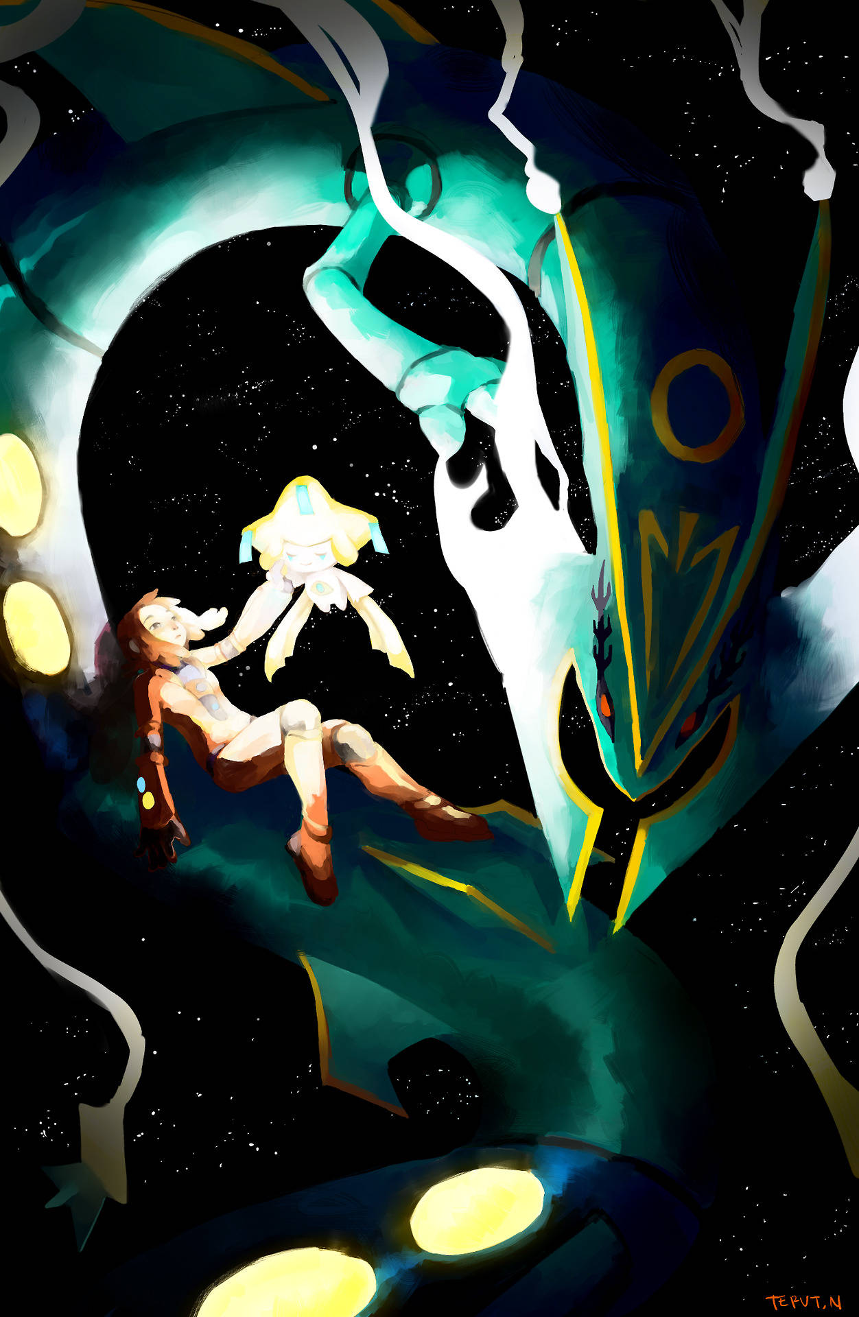 動漫女孩在星空太空場景中漂浮在一個巨大的青綠色外星人身旁。