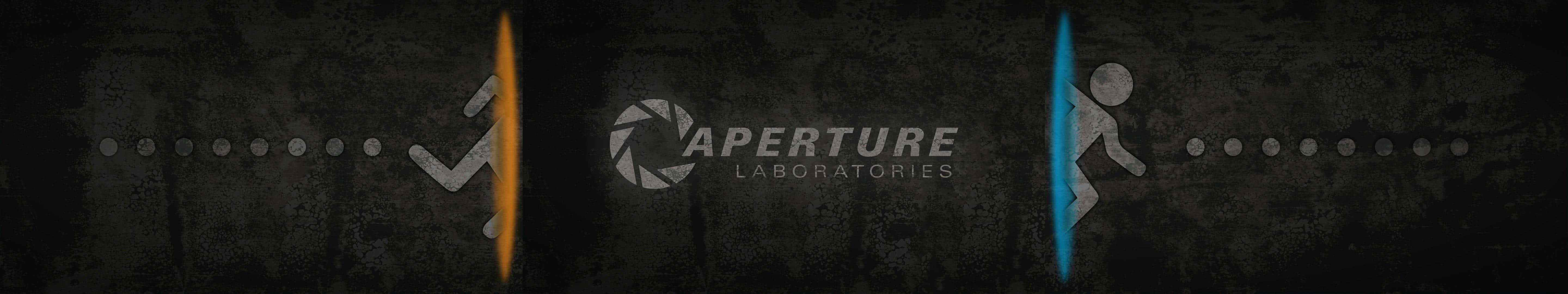 Aperture Laboratories 標誌，帶有橙色和藍色發光人物，背景為深色。