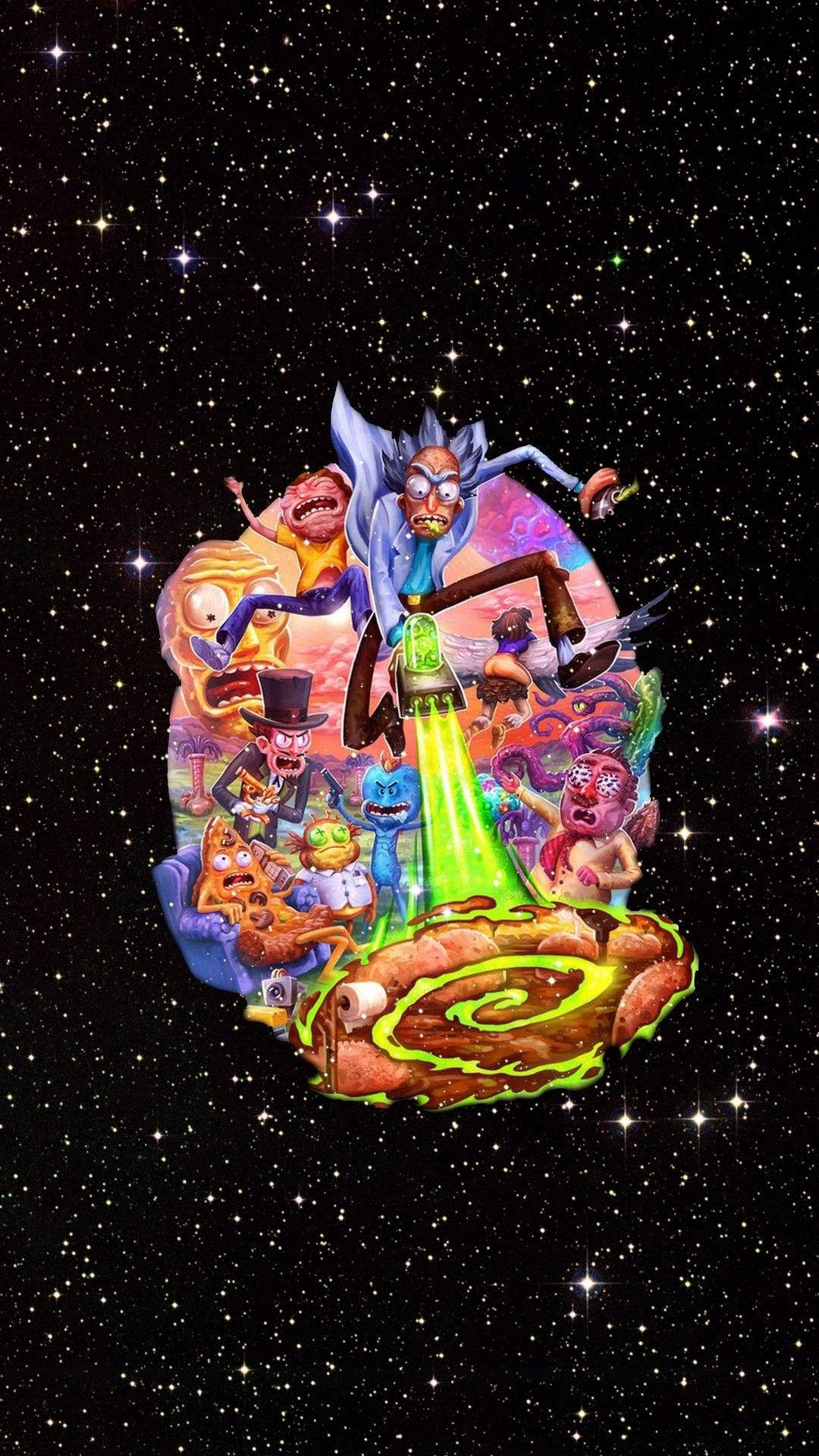 Rick Sanchez 與團隊在星群環繞的發光傳送門上漂浮於太空。