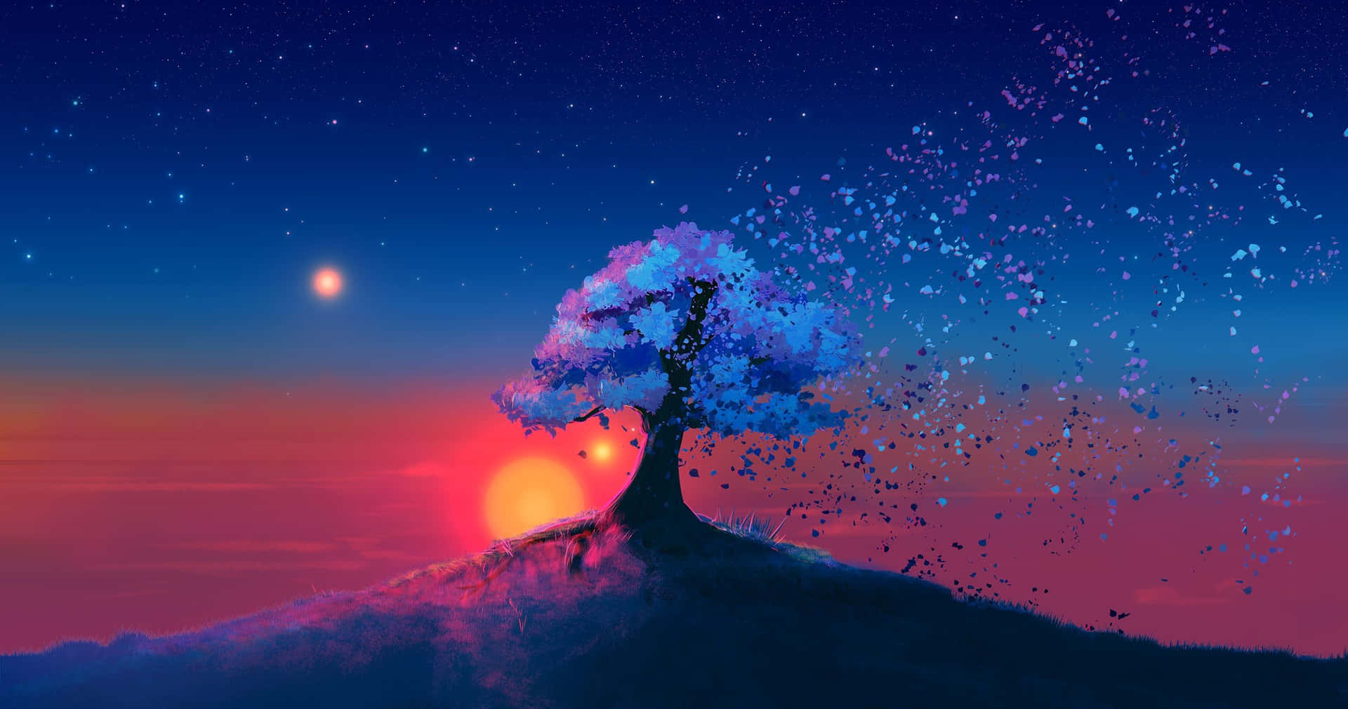 山丘上一棵發光的樹，夕陽將天空染成粉紅色和藍色，點綴著星星。