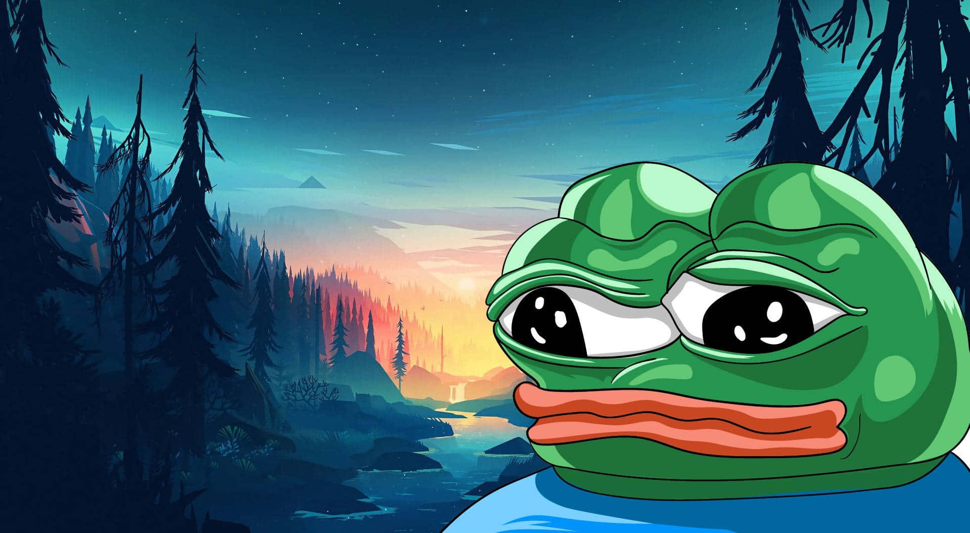 Pepe the Frog 在日落時的森林中，背景有山和星星。