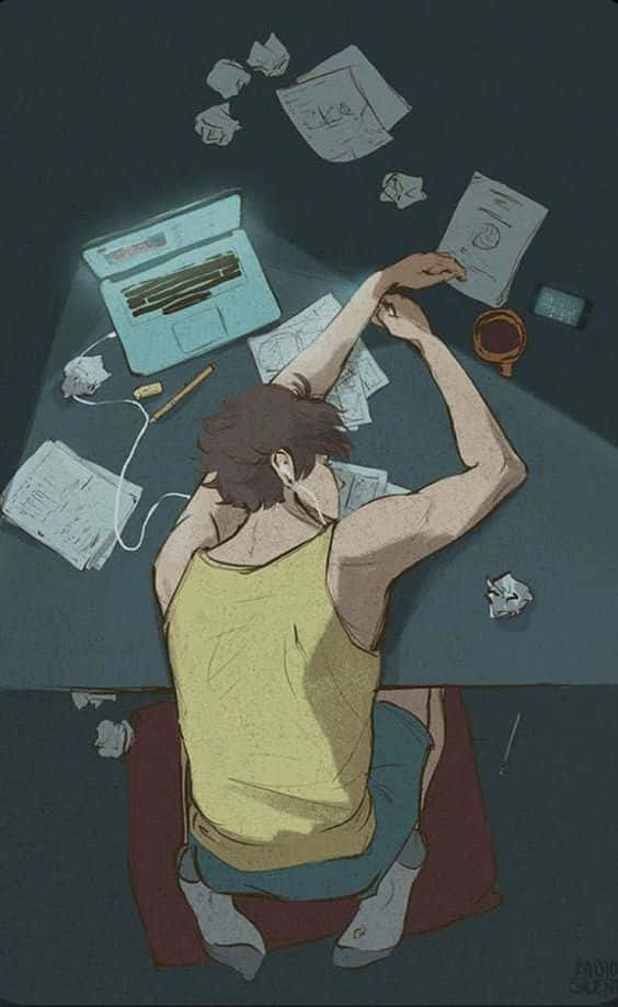 年輕藝術家在夜晚疲憊地趴在桌子上，周圍是皺巴巴的草圖和筆記本電腦。