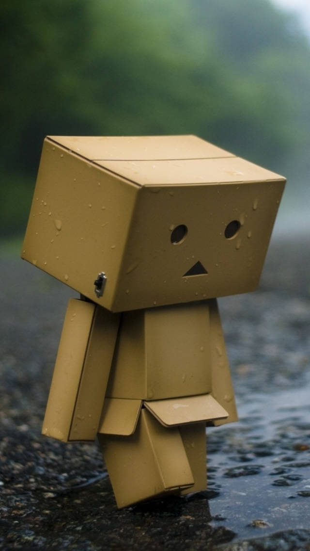 紙皮箱機械人企喺雨中嘅濕滑行人路上