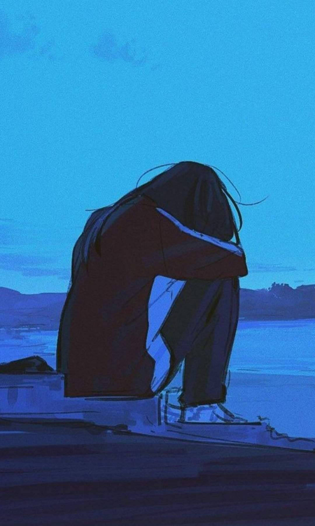 暮色中，一個人獨自坐在碼頭上，低垂著頭，藍色調的動漫風格。