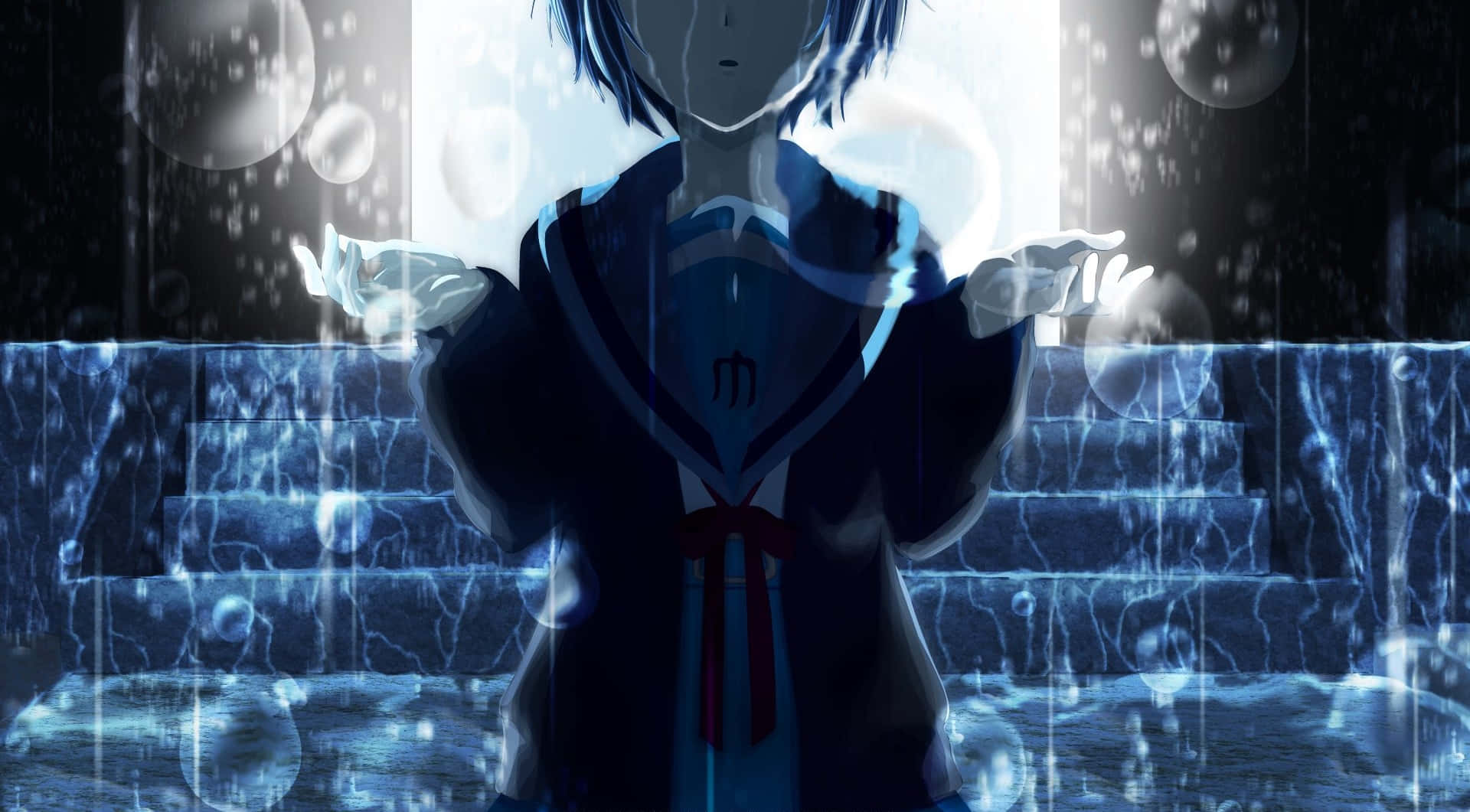 傷心動漫女孩椎名真由理雨淚 壁紙 — 一位藍髮動漫少女穿著校服，站在發光的樓梯前，氣泡在如水般空靈的空間中漂浮。