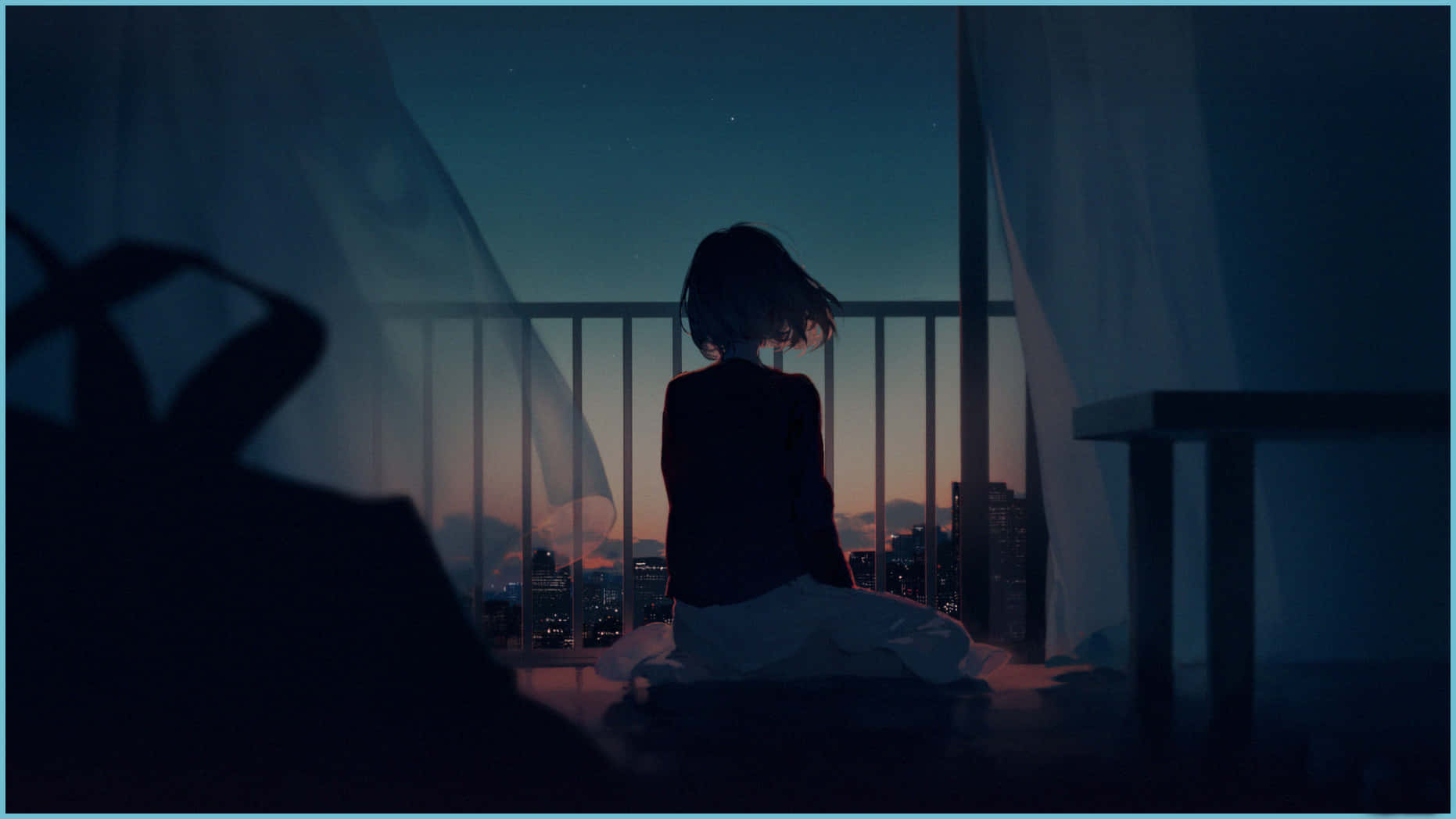 傷心動漫女孩靜默之聲 壁紙 — 黃昏時分，一個孤獨的身影坐在陽台上，凝視著星空下的城市天際線。
