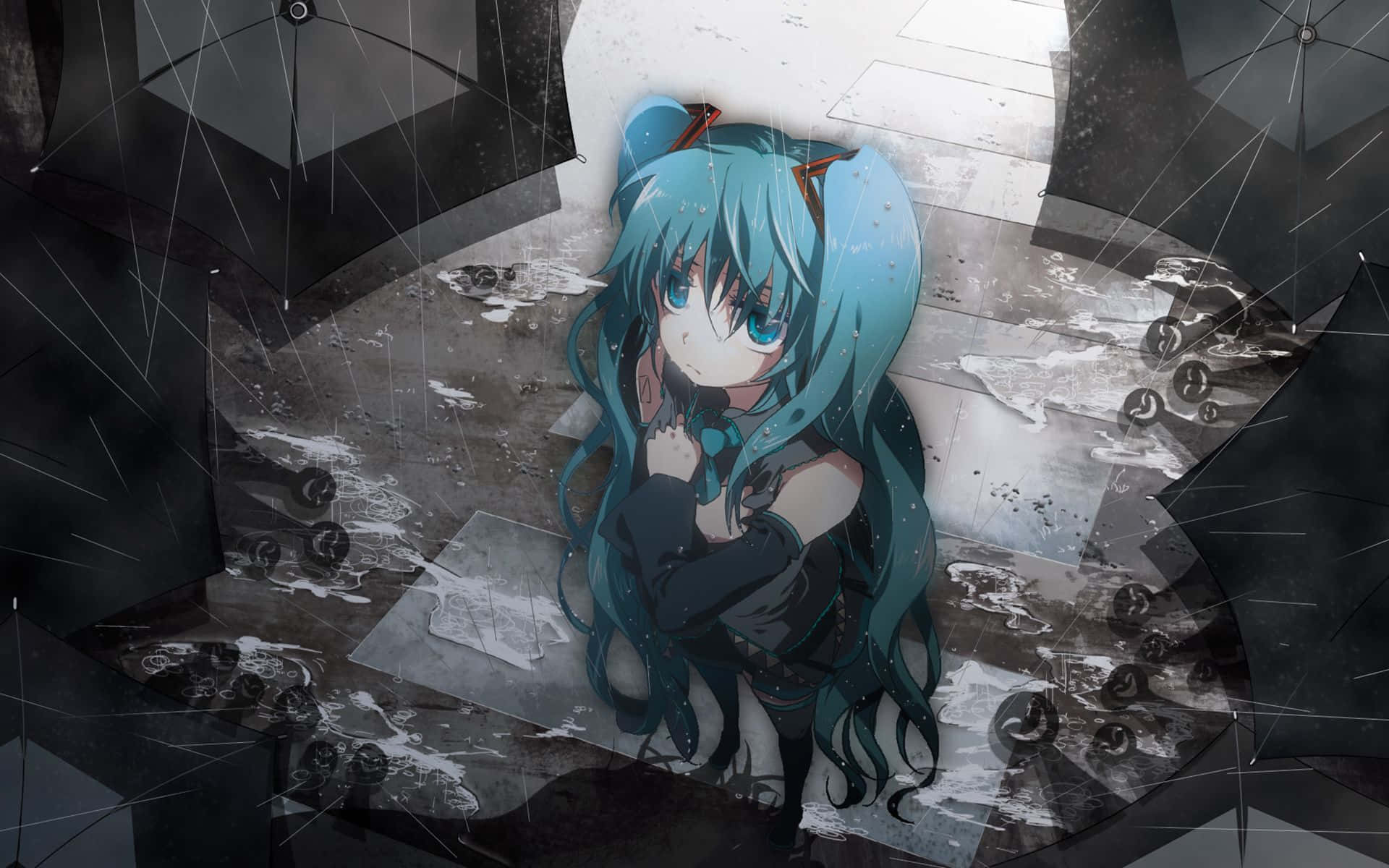 傷心動漫歌姬初音未來 壁紙 — 一位藍髮貓耳動漫女孩在雨中破碎玻璃世界中蜷縮在破傘下。