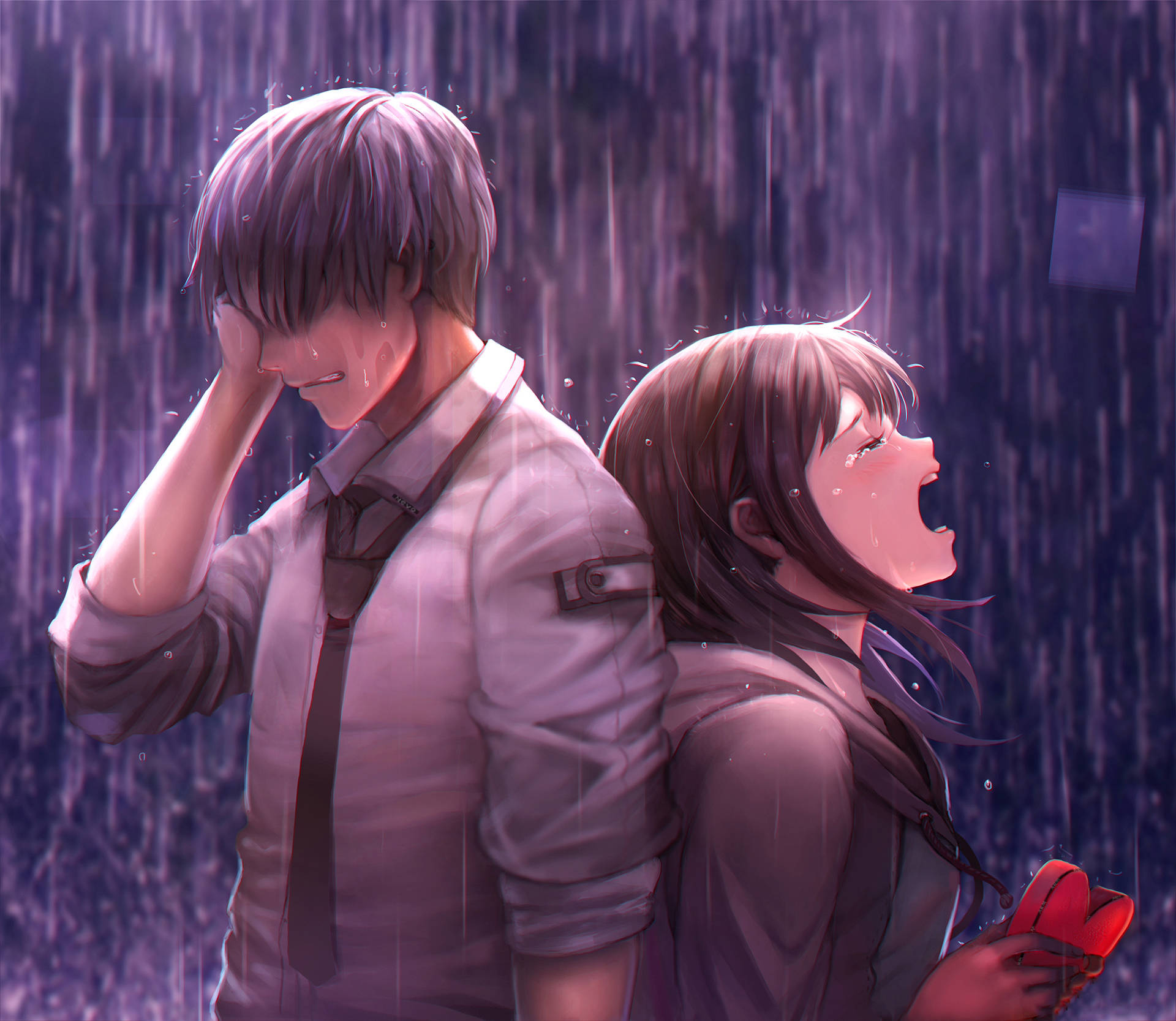 傷心動漫男孩與女孩 壁紙 — 兩個動漫青少年在暴雨中背對背站立，一個在哭，另一個在笑，拿著紅色鞋子。