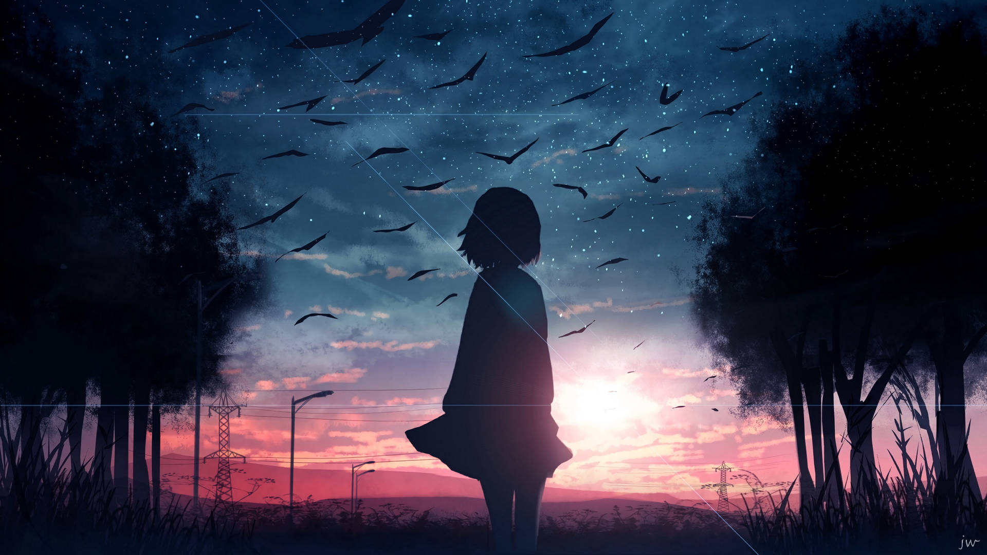 女孩站在暮色天空中，有飛鳥和樹木