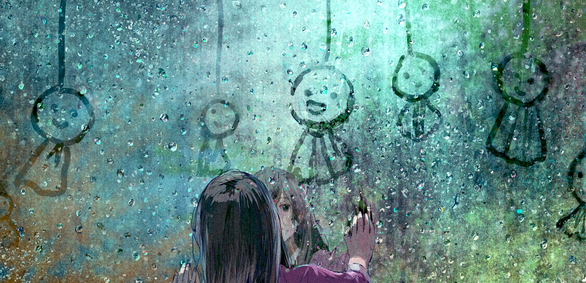 兩個女孩觸摸下雨的窗戶，上面畫著微笑的火柴人。 — 動漫 4K 壁紙