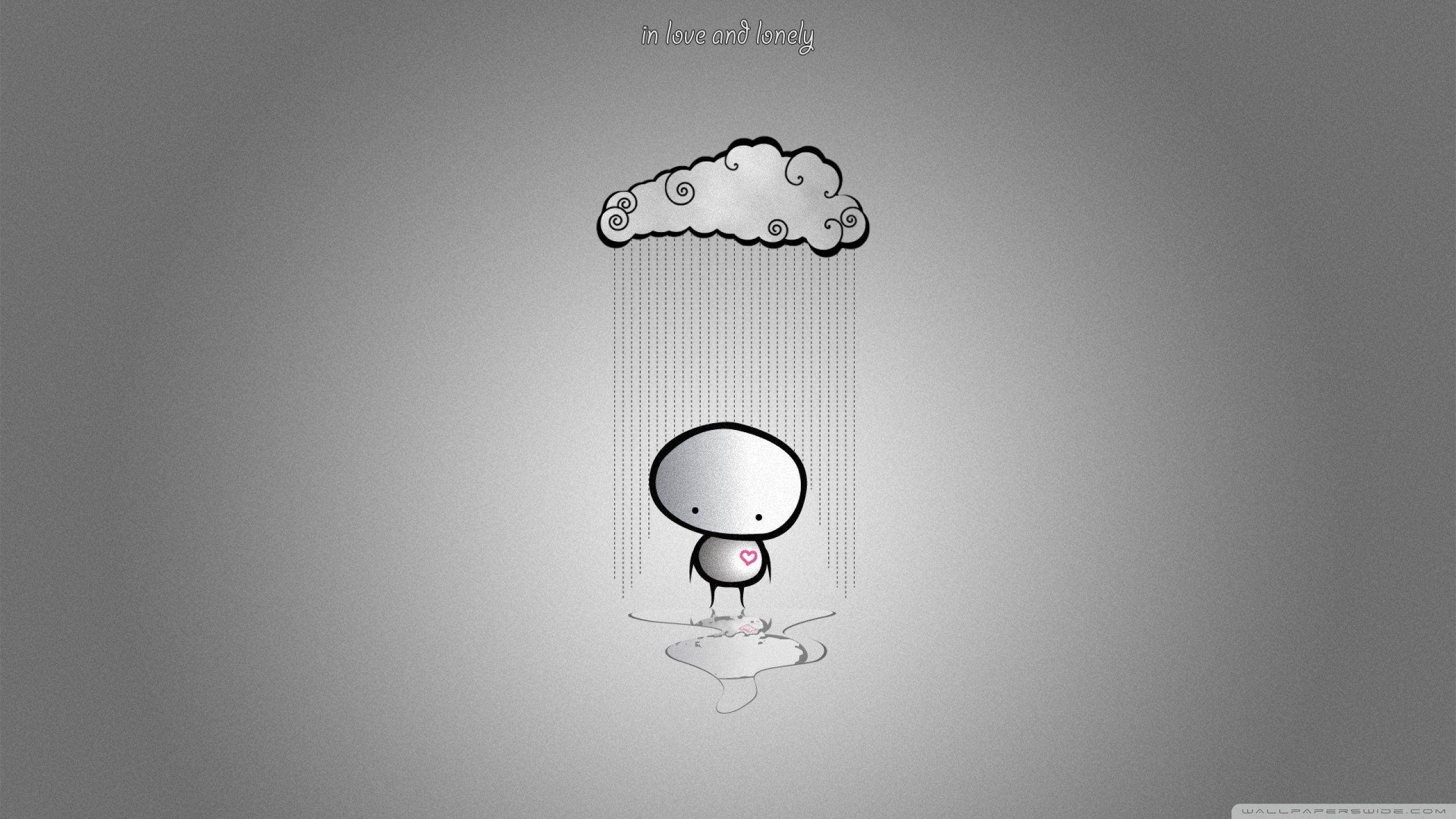 傷心愛情雨中火柴人 壁紙 — 一個極簡的卡通人物獨自站在一朵向心臟下雨的雲下，象徵愛與孤獨。