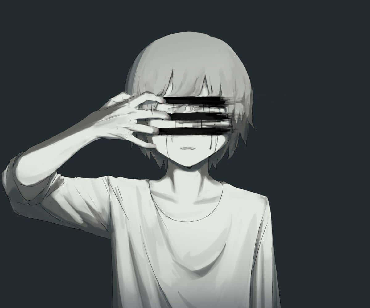 傷心沮喪的動漫男孩哭泣抓臉壁紙 壁紙 — 一個短髮的單色動漫角色在深色背景下用手遮住眼睛。